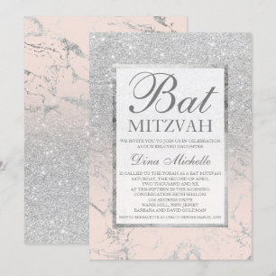 SIlver glitter elegant blush marble Bat Mitzvah Kaart