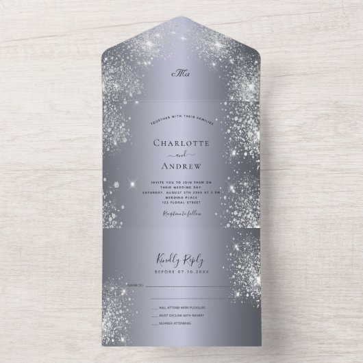 Silver glitter elegant bruiloft all in one uitnodiging (Binnen)