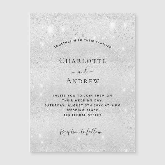 Silver glitter elegant bruiloft nodigmagneet uit (Voorkant)