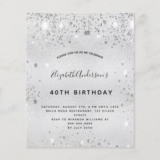 Silver glitter elegant budget verjaardaguitnodigin (Voorkant)