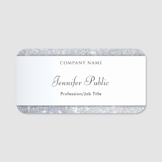 Silver Glitter Elegant Handgeschreven Naam Script Naamplaatje (Voorkant)
