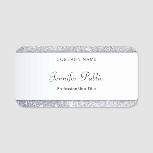 Silver Glitter Elegant Handgeschreven Naam Script Naamplaatje (Voorkant)
