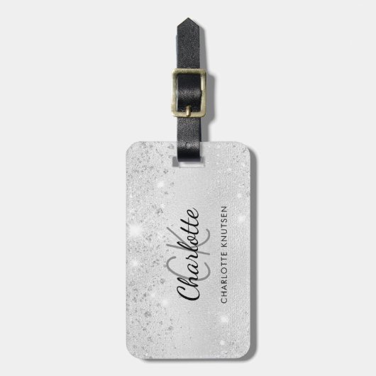 Silver glitter elegant monogram initiaal name bagagelabel (Voorkant verticaal)