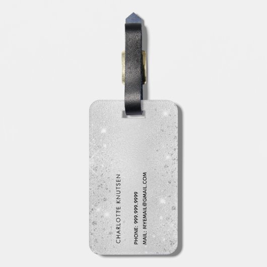 Silver glitter elegant monogram initiaal name bagagelabel (Achterkant verticaal)