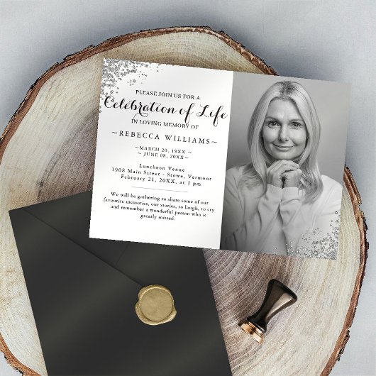 Silver Glitter Elegant Photo Celebration of life I Kaart