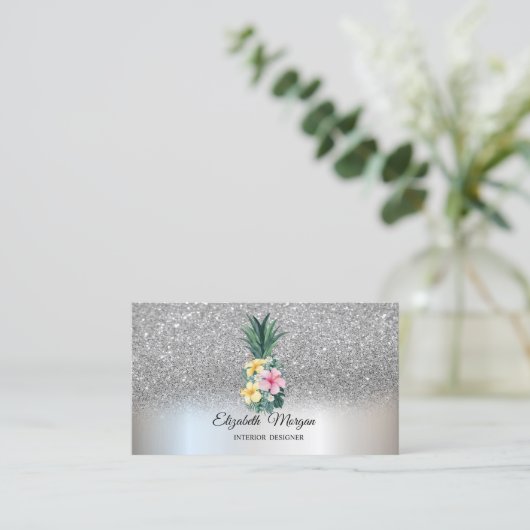 Silver Glitter Elegant Pineapple Tropische Bloemen Visitekaartje (Staand voorkant)