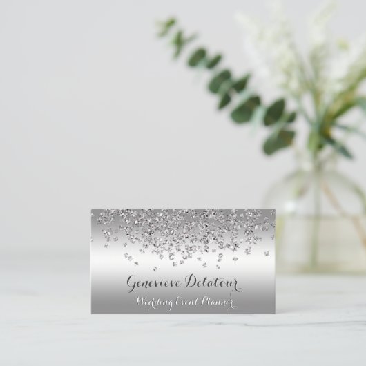 Silver Glitter Elegant Platinum Event Planner Visitekaartje (Staand voorkant)