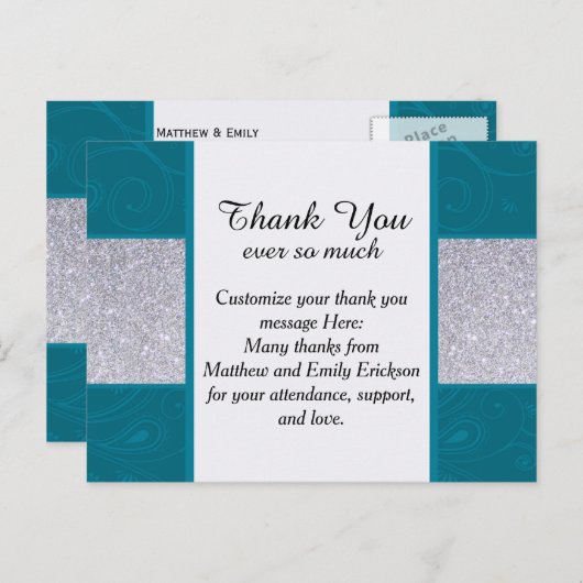 Silver Glitter en Aqua Blauwgroen met Zwematisch d Briefkaart (Voorkant / Achterkant)