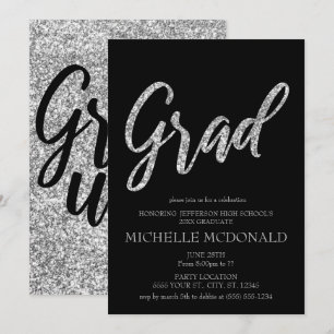 Silver Glitter en Black Graduation Party Kaart