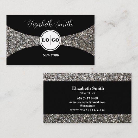 Silver Glitter en Black Logo Visitekaartje (Voorkant / Achterkant)