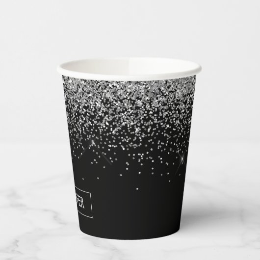 Silver Glitter en Black Monogram Paper Cups Papieren Bekers (Links)
