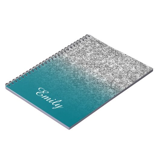 Silver Glitter en Blauwgroen Ombre Personalized Notitieboek (Linkerzijde)