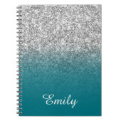 Silver Glitter en Blauwgroen Ombre Personalized Notitieboek (Voorkant)