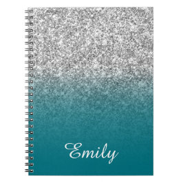 Silver Glitter en Blauwgroen Ombre Personalized Notitieboek
