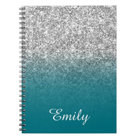 Silver Glitter en Blauwgroen Ombre Personalized Notitieboek (Voorkant)