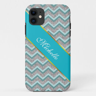 Silver Glitter en Blauwgroen ZigZag iPhone 11 Hoesje