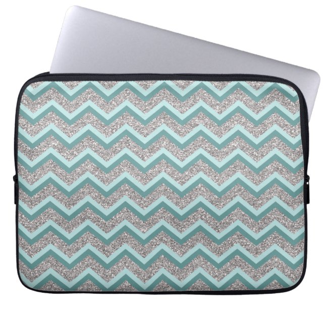 Silver Glitter en Blauwgroen ZigZag Laptop Sleeve (Voorkant)