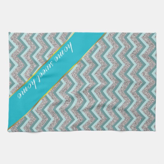 Silver Glitter en Blauwgroen ZigZag Theedoek (Horizontaal)