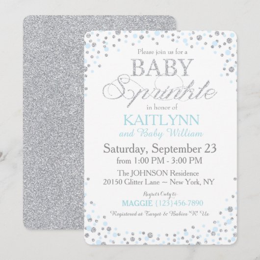 Silver Glitter en Blue Sprinkle Baby shower Kaart (Voorkant / Achterkant)