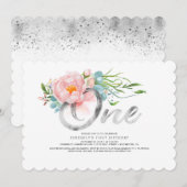 Silver Glitter en Blush Pink Bloemen 1e verjaardag Kaart (Voorkant / Achterkant)
