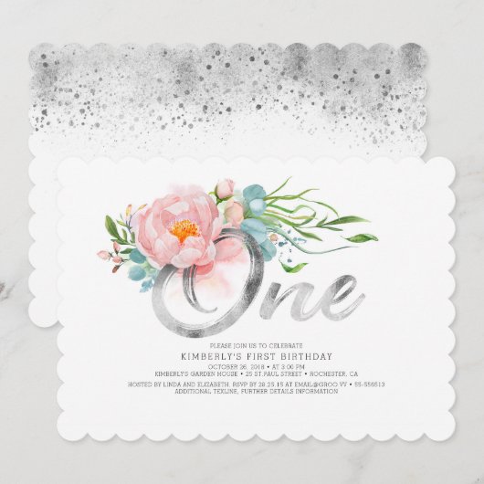 Silver Glitter en Blush Pink Bloemen 1e verjaardag Kaart (Voorkant / Achterkant)