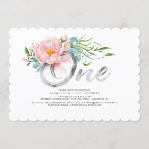 Silver Glitter en Blush Pink Bloemen 1e verjaardag Kaart