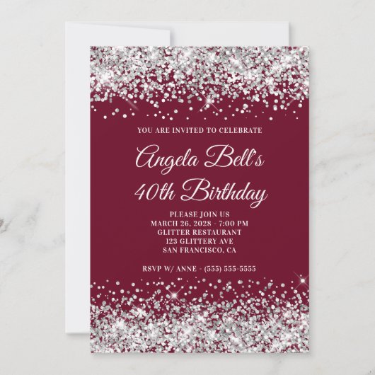 Silver Glitter en Burgundy 40th Birthday Kaart (Voorkant)