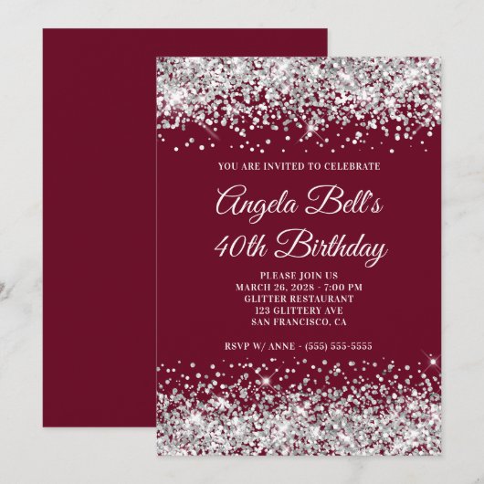 Silver Glitter en Burgundy 40th Birthday Kaart (Voorkant / Achterkant)