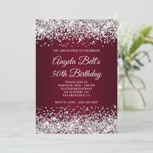 Silver Glitter en Burgundy Gradient 50th Birthday Kaart (Staand voorkant)
