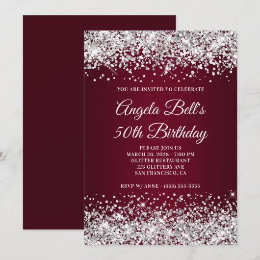Silver Glitter en Burgundy Gradient 50th Birthday Kaart (Voorkant / Achterkant)