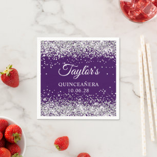 Silver Glitter en donker Paarse Quinceañera Servet
