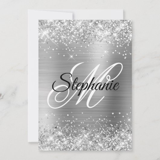 Silver Glitter en Folie Fancy Monogram Kaart (Achterkant)