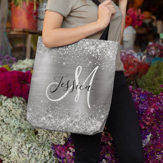 Silver Glitter en Folie Girly Monogrammed Tote Bag