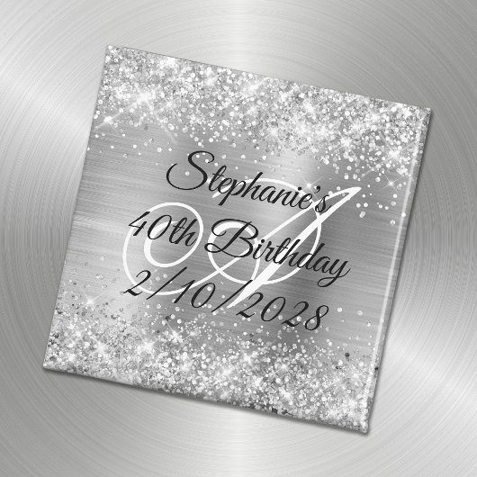 Silver Glitter en Folie Monogrammed 40th Birthday Magneet
