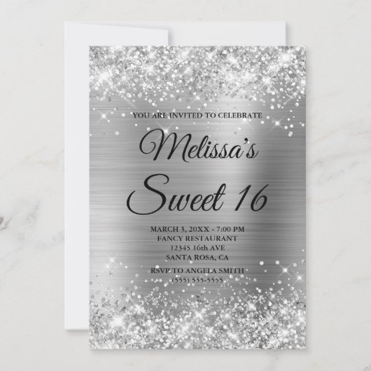 Silver Glitter en Folie Sweet 16 Fancy Monogram Kaart (Voorkant)
