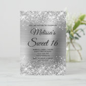 Silver Glitter en Folie Sweet 16 Fancy Monogram Kaart (Staand voorkant)