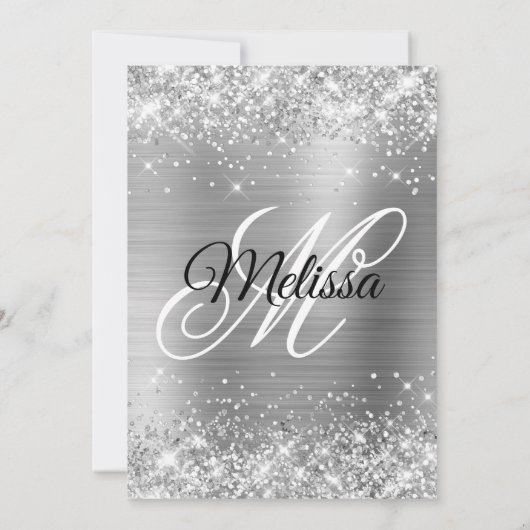 Silver Glitter en Folie Sweet 16 Fancy Monogram Kaart (Achterkant)