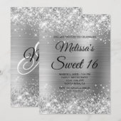 Silver Glitter en Folie Sweet 16 Fancy Monogram Kaart (Voorkant / Achterkant)