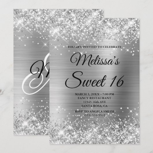 Silver Glitter en Folie Sweet 16 Fancy Monogram Kaart (Voorkant / Achterkant)