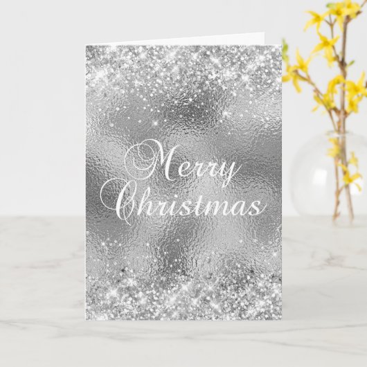 Silver Glitter en Glass Folie Merry Kerstmis Kaart (Gele Bloem)