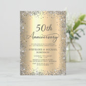 Silver Glitter en Gold 50th Wedding Jubileum Kaart (Staand voorkant)