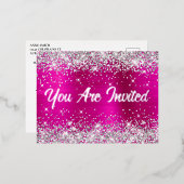 Silver Glitter en Hot Pink Glam 50th Birthday Folie Uitnodiging Briefkaart (Voorkant / Achterkant)