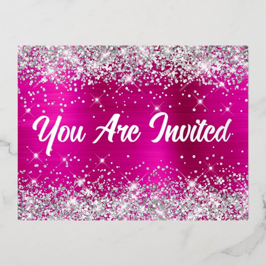 Silver Glitter en Hot Pink Glam 50th Birthday Folie Uitnodiging Briefkaart (Voorkant)
