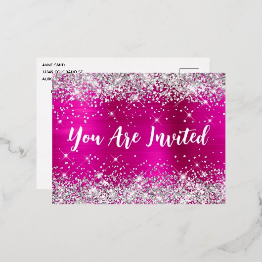 Silver Glitter en Hot Pink Glam 70th Birthday Folie Uitnodiging Briefkaart (Voorkant / Achterkant)