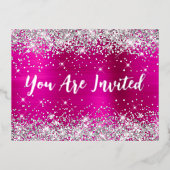 Silver Glitter en Hot Pink Glam 70th Birthday Folie Uitnodiging Briefkaart (Voorkant)