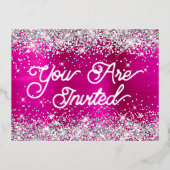 Silver Glitter en Hot Pink Glam 80th Birthday Folie Uitnodiging Briefkaart (Voorkant)