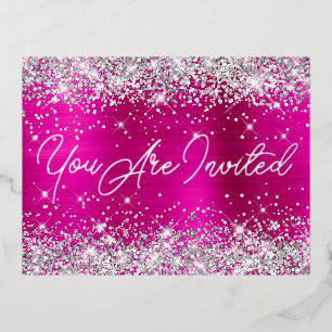 Silver Glitter en Hot Pink Glam 90th Birthday Folie Uitnodiging Briefkaart