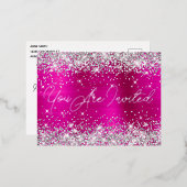 Silver Glitter en Hot Pink Glam 90th Birthday Folie Uitnodiging Briefkaart (Voorkant / Achterkant)