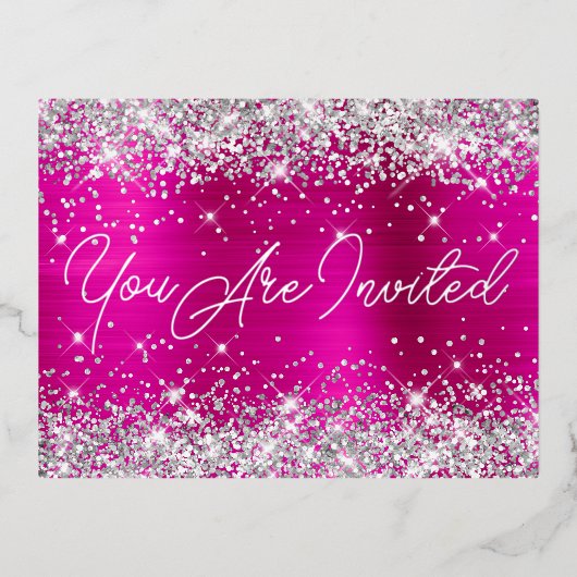 Silver Glitter en Hot Pink Glam 90th Birthday Folie Uitnodiging Briefkaart (Voorkant)