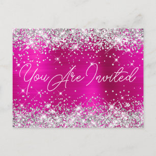 Silver Glitter en Hot Pink Glam 90th Birthday Uitnodiging Briefkaart
